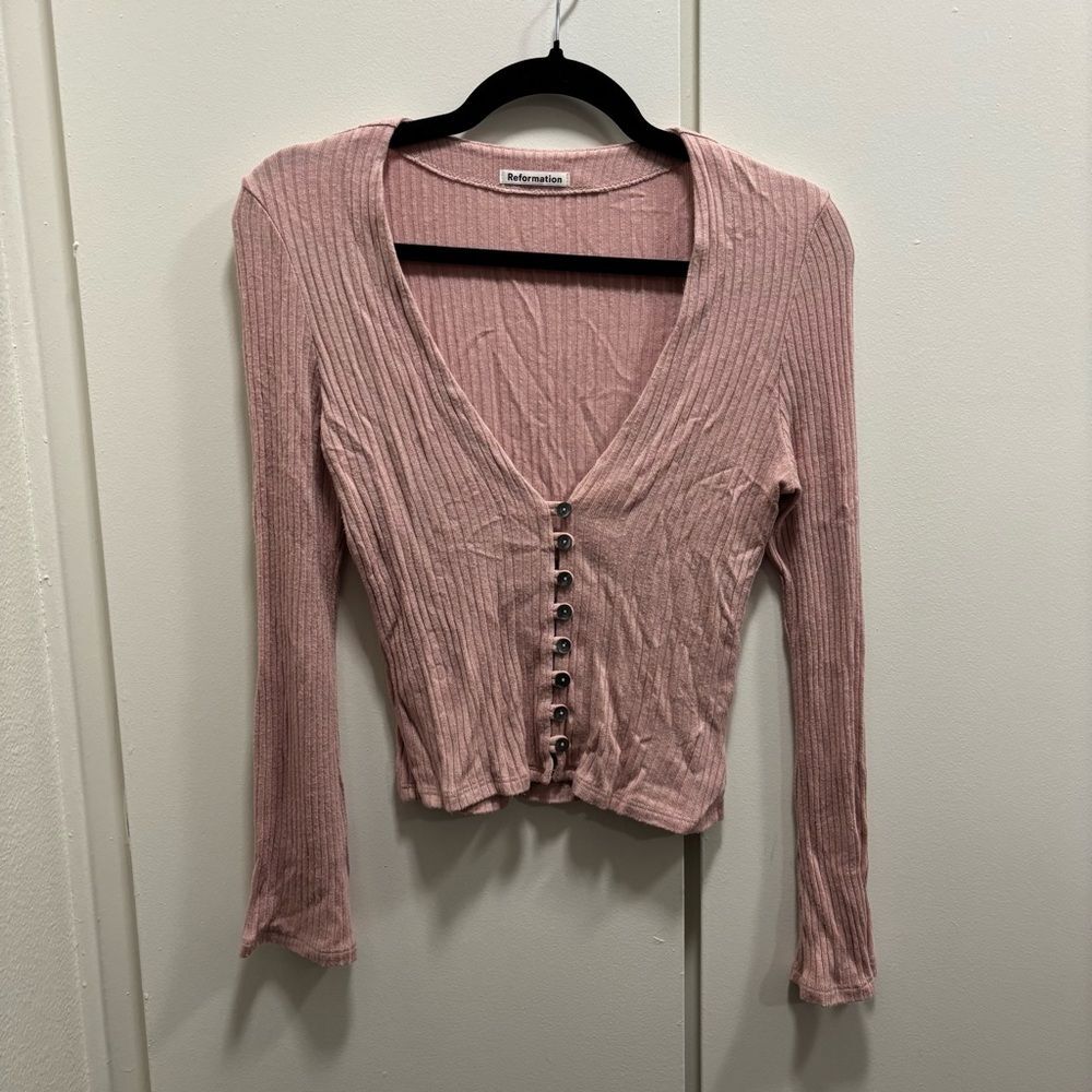 Reformation Women’s Sz Medium Gellar Blush Pink Button Front Long Sleeve Top